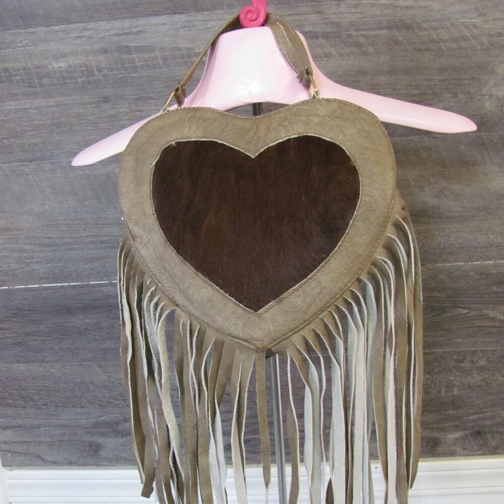 GENUINE LEATHER HANDMADE HANDTOOLED HAIR ON HIDE FRINGED CROSSBODY NIP